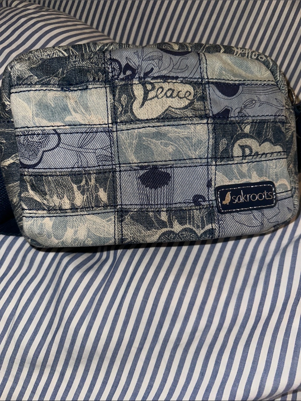 EUC Sakroots denim patchwork adjustable crossbody bag